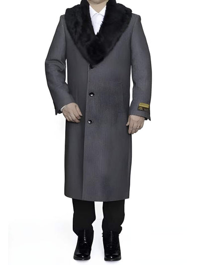 Removable Ankle length Fur Collar Full Length Gray Wool Herringbone ~ Overcoat 1920s 1940s men's Fashion Vintage Style - Mens Topcoat 1   - from alligatorwarehouse.com