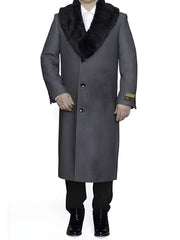 Removable Ankle length Fur Collar Full Length Gray Wool Herringbone ~ Overcoat 1920s 1940s men's Fashion Vintage Style - Mens Topcoat