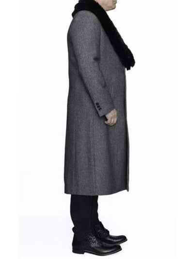 Removable Ankle length Fur Collar Full Length Gray Wool Herringbone ~ Overcoat 1920s 1940s men's Fashion Vintage Style - Mens Topcoat 3   - from alligatorwarehouse.com