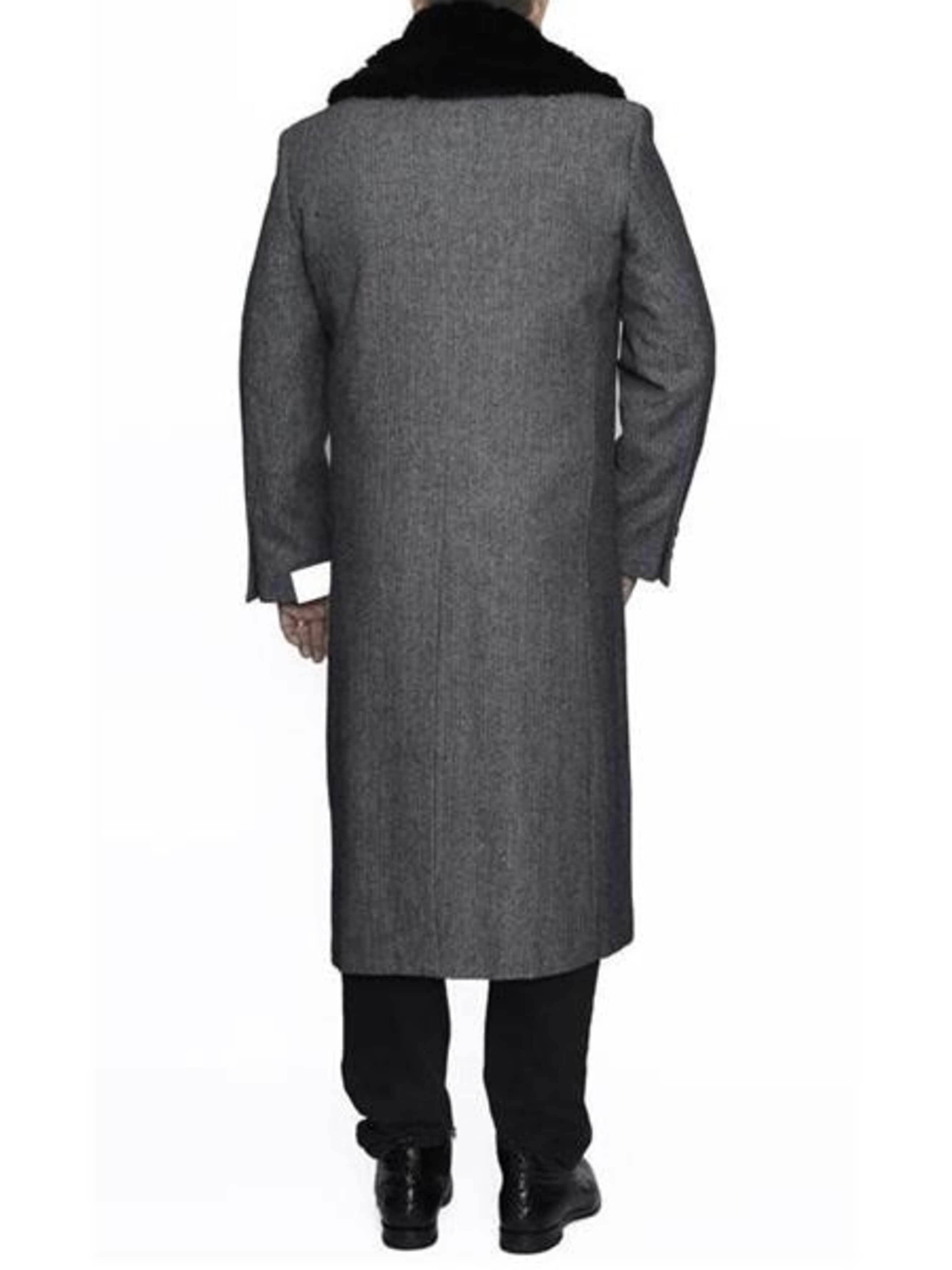 Removable Ankle length Fur Collar Full Length Gray Wool Herringbone ~ Overcoat 1920s 1940s men's Fashion Vintage Style - Mens Topcoat