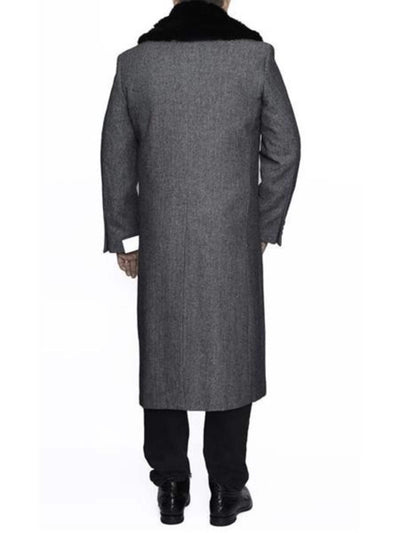 Removable Ankle length Fur Collar Full Length Gray Wool Herringbone ~ Overcoat 1920s 1940s men's Fashion Vintage Style - Mens Topcoat 2   - from alligatorwarehouse.com