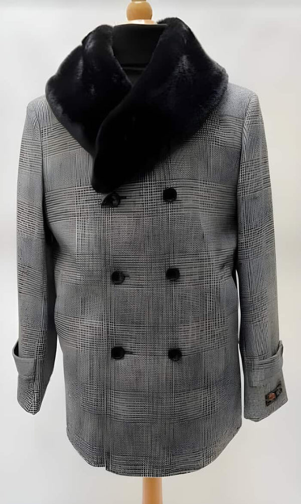 Black Plaid Overcoat - Wool Topcoat with Windowpane Pattern Double Breasted Style