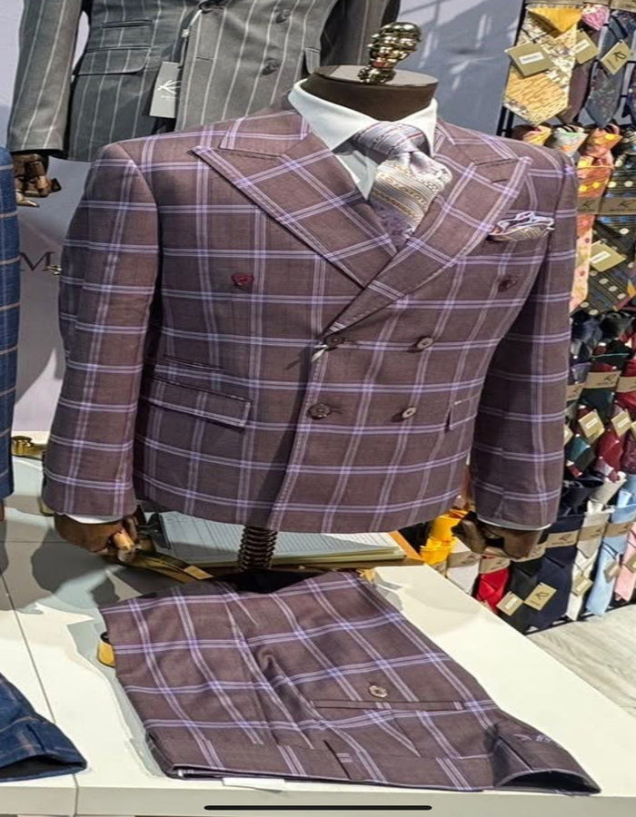 Rossiman Plaid Suit – Gray & Lavender Textured Windowpane Double-Breasted Suit