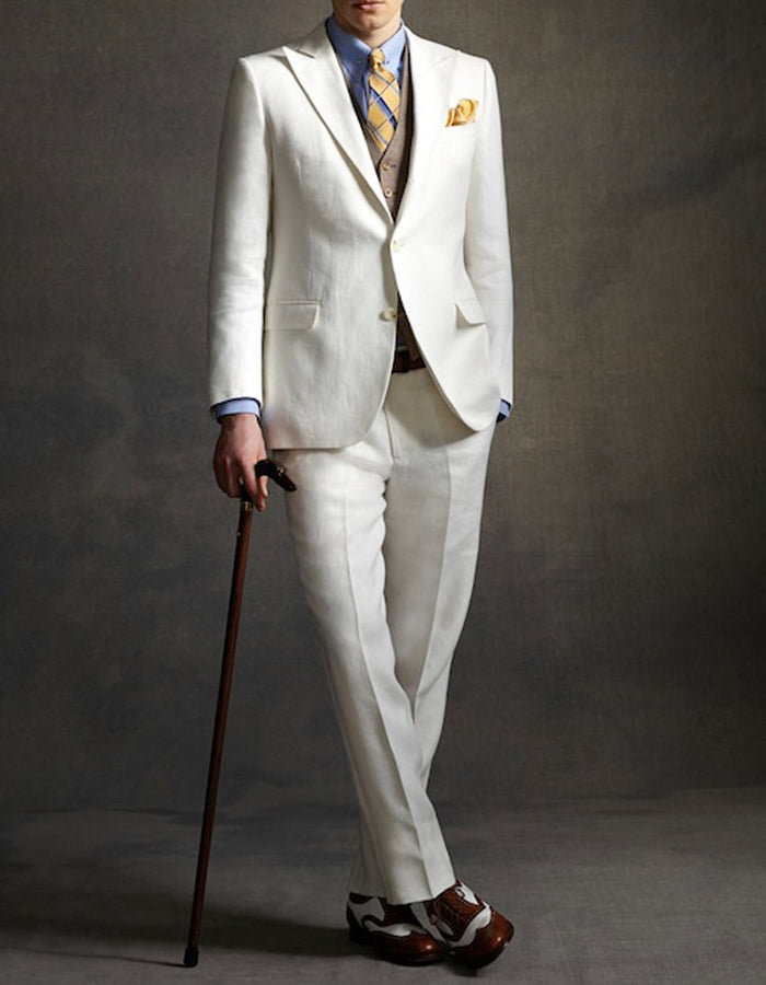 Men’s Ivory Great Gatsby Vested Suit with Brown Vest, Peak Lapel Vintage Wedding Suit