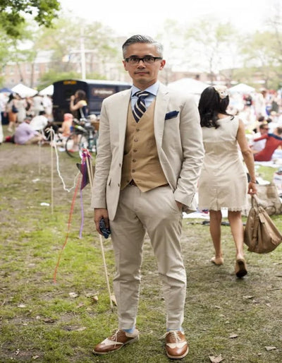 Great Gatsby Jacket and Pants Outfit - Tan Suit + Dark Camel Vest 1   - from alligatorwarehouse.com