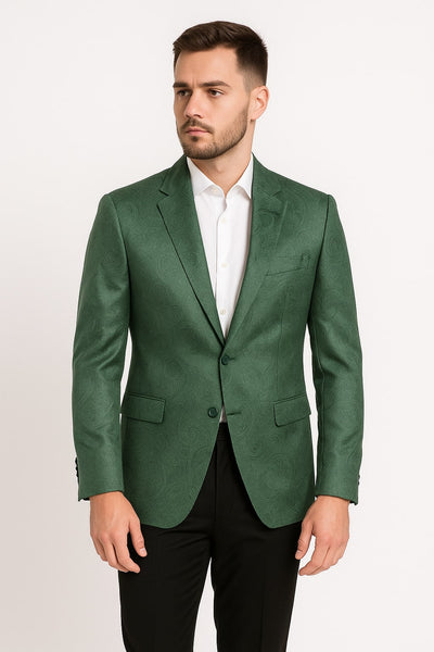 Mens Green Paisley Tuxedo Jacket – Slim Fit Embossed Formal Blazer for Weddings and Special Events in Soft velvet Fabric With Black Pants 1   - from alligatorwarehouse.com