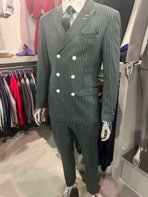 Mens Green Pinstripe Double-Breasted Suit – Slim Fit 2 Piece Formal Business Suit with Peak Lapel 1920s Gangster Pinstripe
