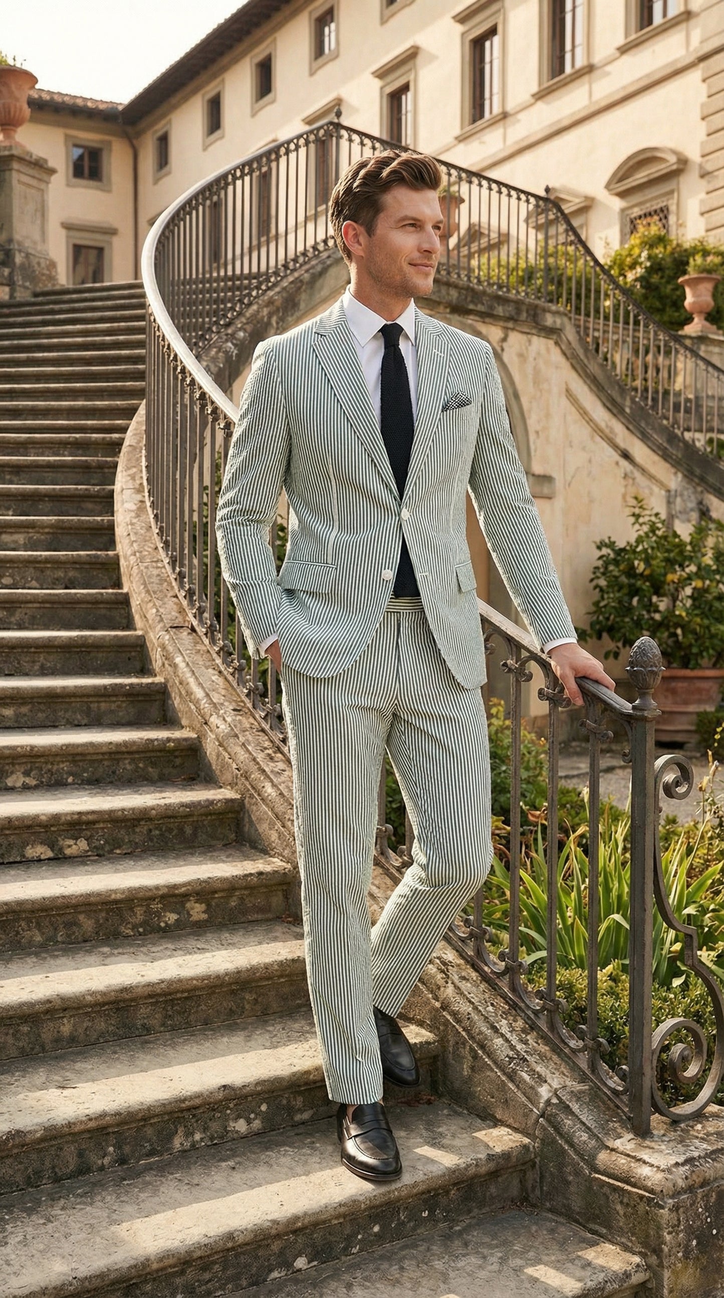 Men’s White and Green Seersucker Suit – Classic Striped Lightweight Summer Suit for Weddings and Formal Events Cotton Fabric
