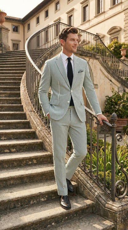 Men’s White and Green Seersucker Suit – Classic Striped Lightweight Summer Suit for Weddings and Formal Events Cotton Fabric