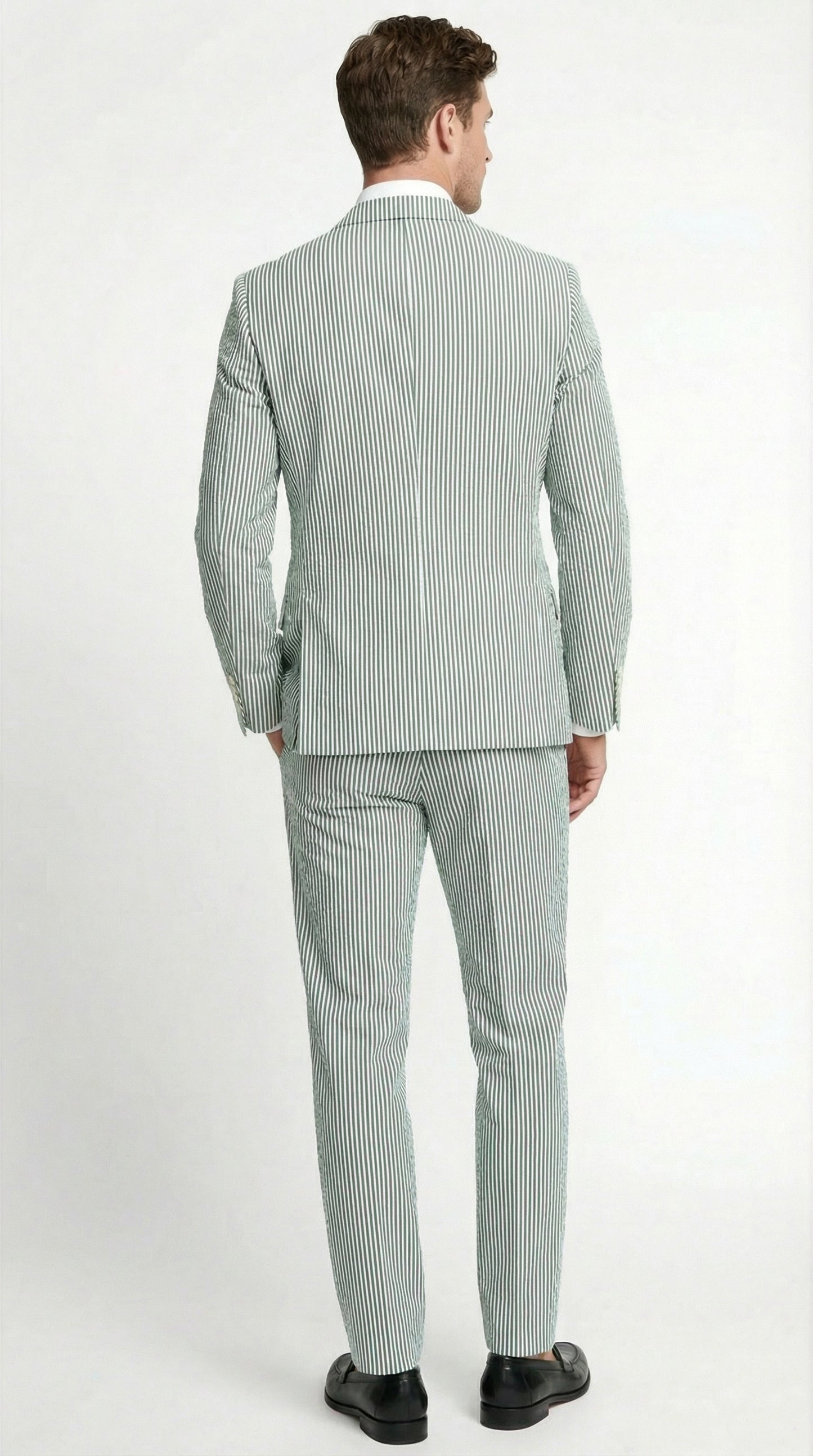 Men’s White and Green Seersucker Suit – Classic Striped Lightweight Summer Suit for Weddings and Formal Events Cotton Fabric