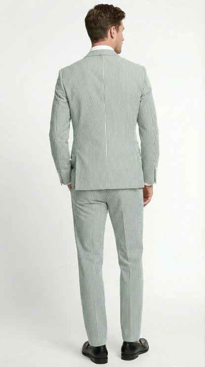 Men’s White and Green Seersucker Suit – Classic Striped Lightweight Summer Suit for Weddings and Formal Events Cotton Fabric
