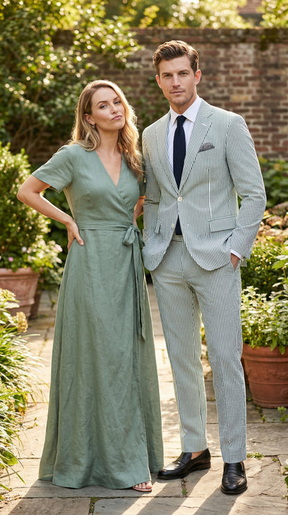 Men’s White and Green Seersucker Suit – Classic Striped Lightweight Summer Suit for Weddings and Formal Events Cotton Fabric