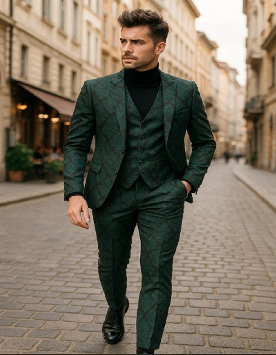 Mens Green and Black Brocade Tuxedo Suit ƒ?? 3 Piece Floral Jacquard Outfit for Weddings and Formal Events - Slim Fitted