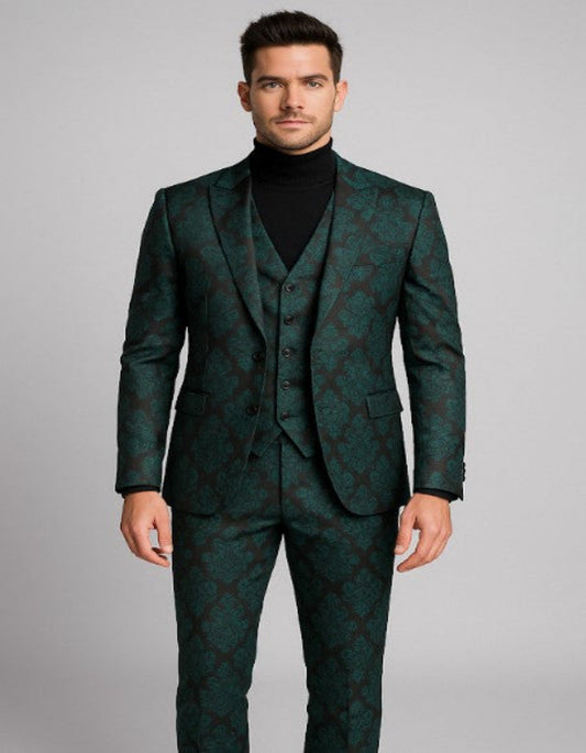 Mens Green and Black Brocade Tuxedo Suit ƒ?? 3 Piece Floral Jacquard Outfit for Weddings and Formal Events - Slim Fitted