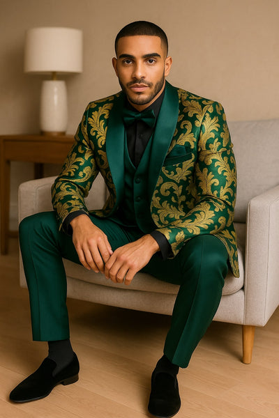 Mens Green and Gold Embroidered Tuxedo – 3-Piece Prom Suit 3   - from alligatorwarehouse.com