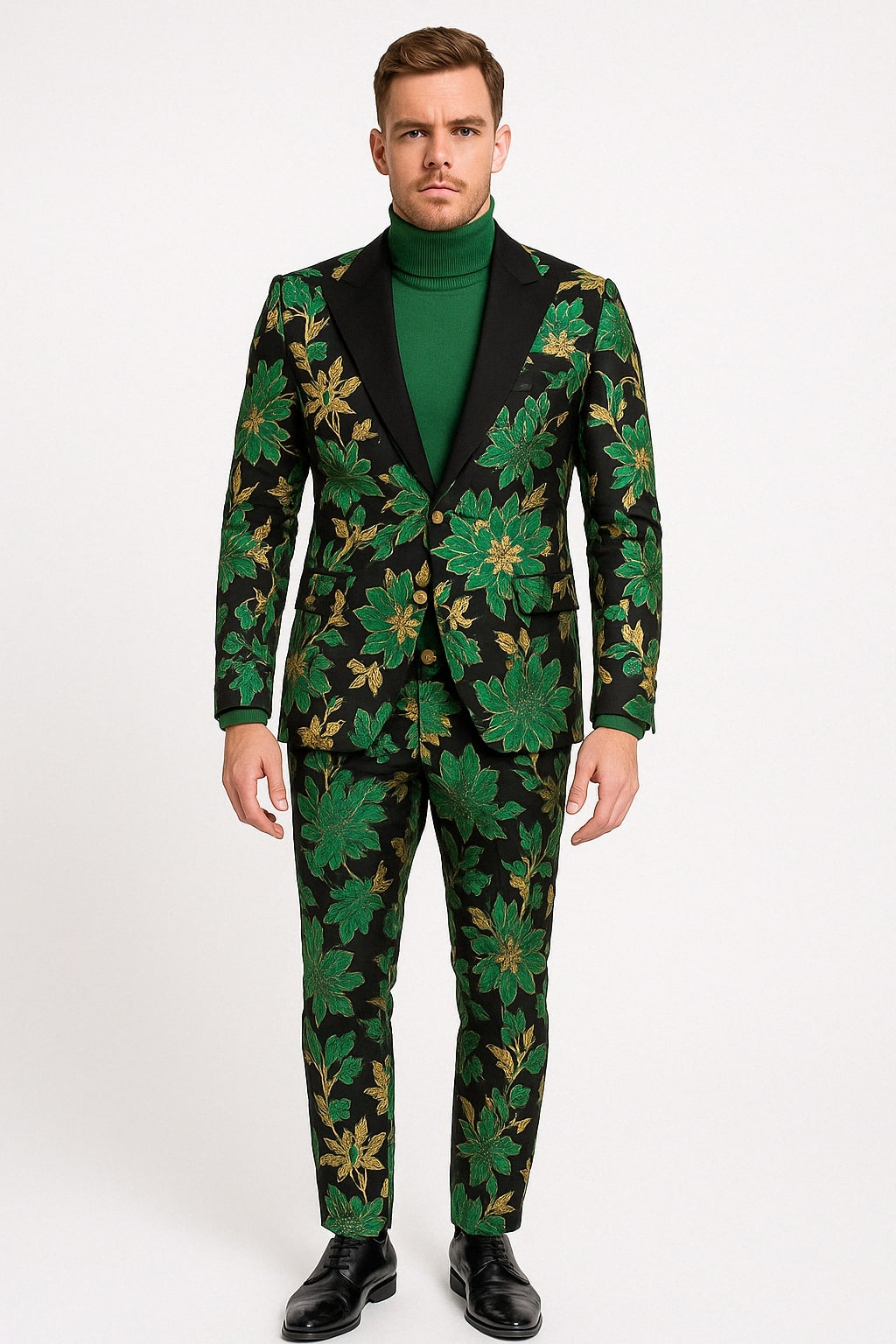 Menƒ??s Green and Gold Floral Tuxedo Suit ƒ?? Luxury 2 Piece Slim Fit Outfit for Weddings, Proms, and Special Events