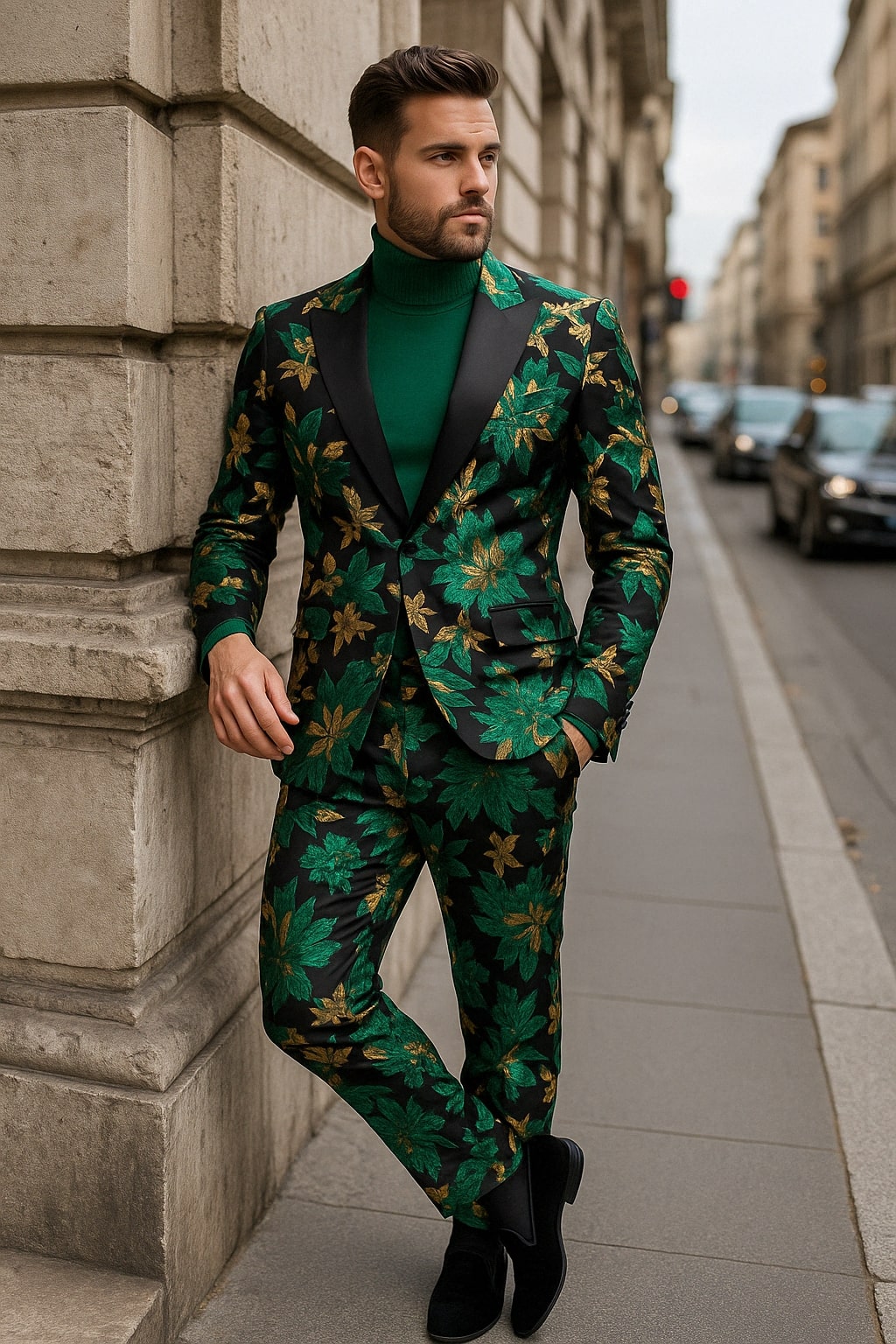 Menƒ??s Green and Gold Floral Tuxedo Suit ƒ?? Luxury 2 Piece Slim Fit Outfit for Weddings, Proms, and Special Events