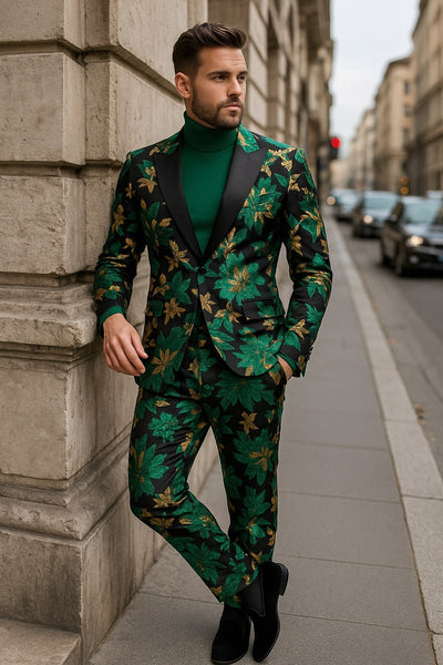 Menƒ??s Green and Gold Floral Tuxedo Suit ƒ?? Luxury 2 Piece Slim Fit Outfit for Weddings, Proms, and Special Events 2   - from alligatorwarehouse.com