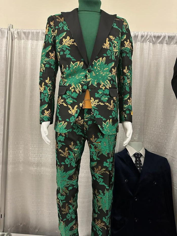 Menƒ??s Green and Gold Floral Tuxedo Suit ƒ?? Luxury 2 Piece Slim Fit Outfit for Weddings, Proms, and Special Events