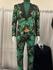 Menƒ??s Green and Gold Floral Tuxedo Suit ƒ?? Luxury 2 Piece Slim Fit Outfit for Weddings, Proms, and Special Events