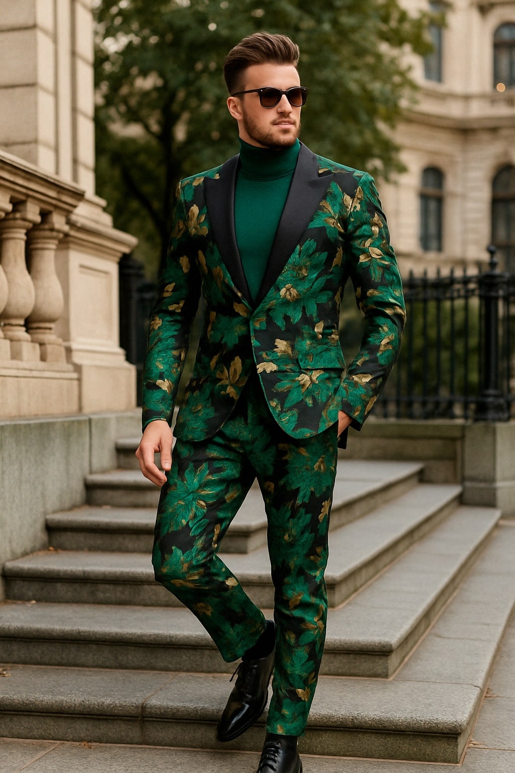 Menƒ??s Green and Gold Floral Tuxedo Suit ƒ?? Luxury 2 Piece Slim Fit Outfit for Weddings, Proms, and Special Events