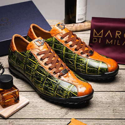 Marco Di Milano Saulo Men's Shoes Green & Cognac Exotic Ostich / Alligator Casual Sneakers 7 SAULO_ALLIGATOR-OSTRICH_GREEN_8  - from alligatorwarehouse.com