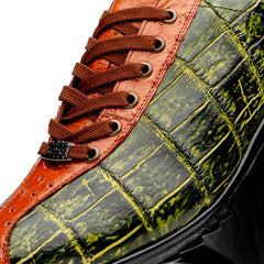 Marco Di Milano Saulo Men's Shoes Green & Cognac Exotic Ostich / Alligator Casual Sneakers