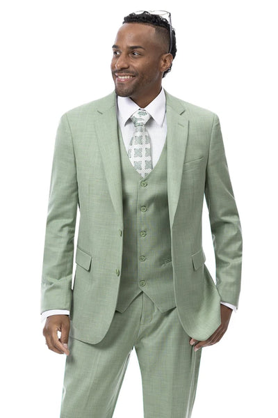 Mens Modern Fit Two Button Vested Sharkskin Business Moss Green Suit 1   - from alligatorwarehouse.com