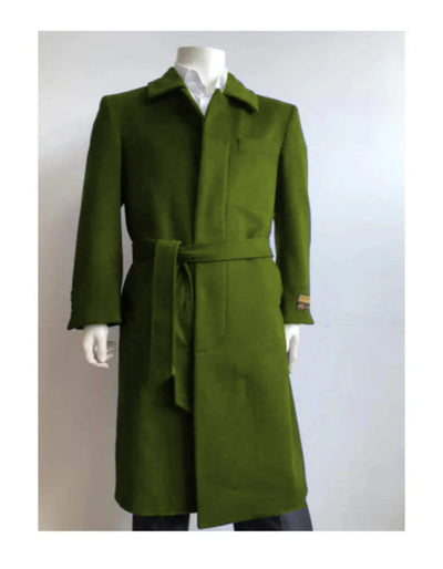 Mens Solid Olive Green 100% Wool Gabardine Belted Duster Overcoat 5   - from alligatorwarehouse.com