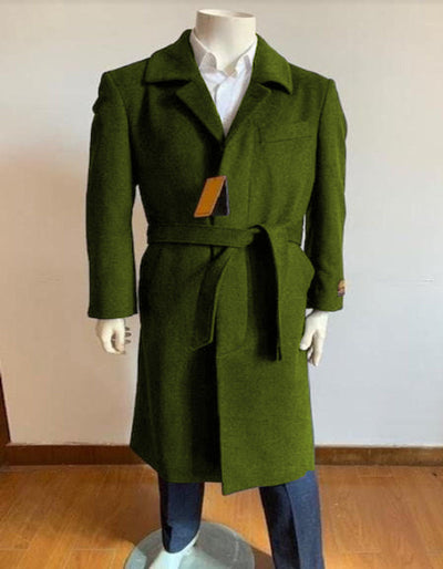 Mens Solid Olive Green 100% Wool Gabardine Belted Duster Overcoat 1   - from alligatorwarehouse.com