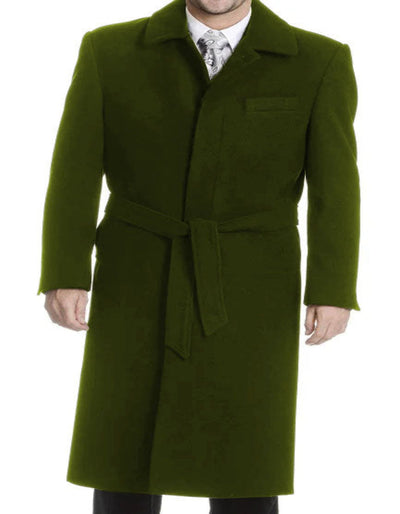 Mens Solid Olive Green 100% Wool Gabardine Belted Duster Overcoat 3   - from alligatorwarehouse.com