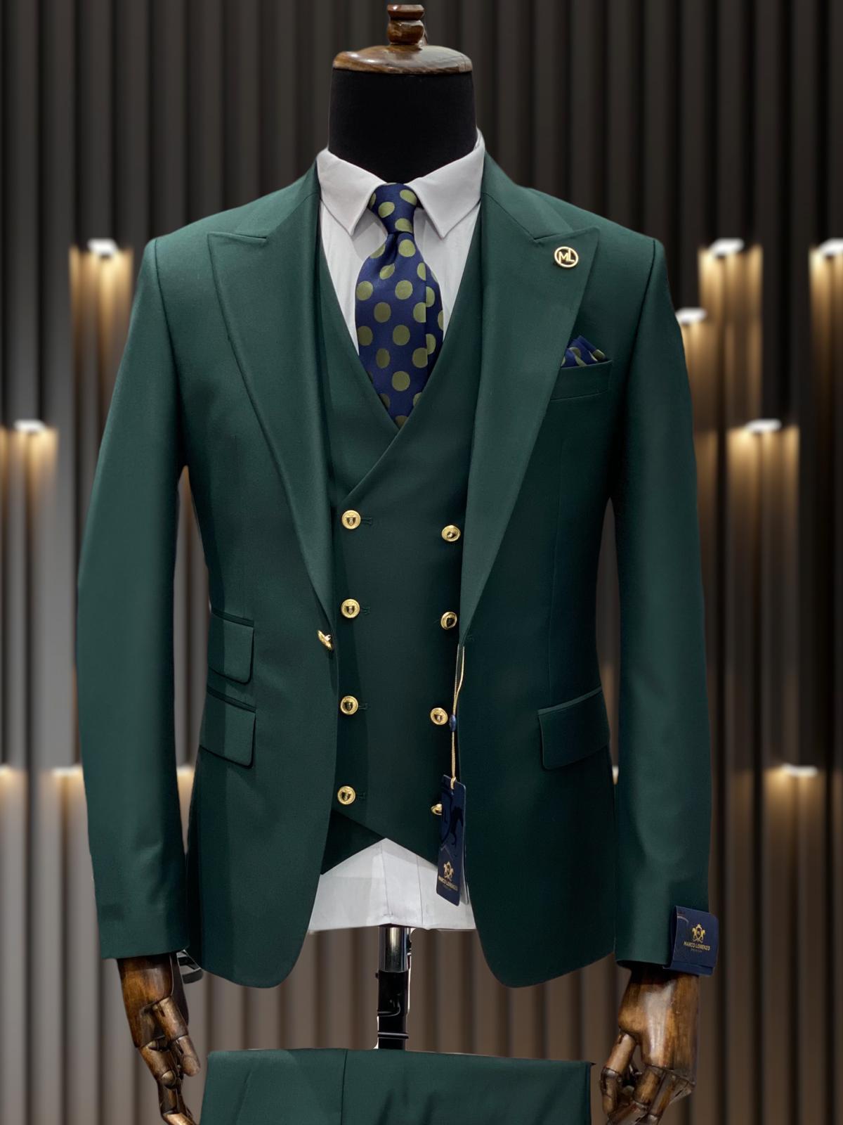 Ivory and Gold Button Wedding Suit - Off White Cream Peak Lapel with Double breasted Vest