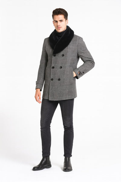 Mens Grey Plaid Double-Breasted Overcoat with Black Faux Fur Collar – Classic Winter Peacoat 1   - from alligatorwarehouse.com