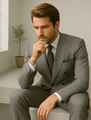 Wool Suit - Italian Made Business Suit by Statement Men's 2 Piece 100% Wool Double Breasted Suit - Pinstripe Pattern