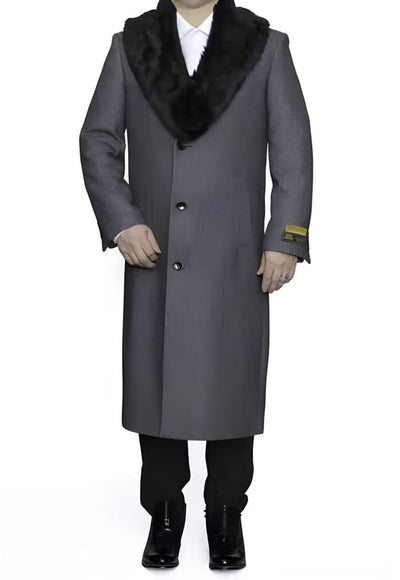 Removable Fur Collar Full Length Wool Dress Ankle length Overcoat In Grey Herringbone 1   - from alligatorwarehouse.com