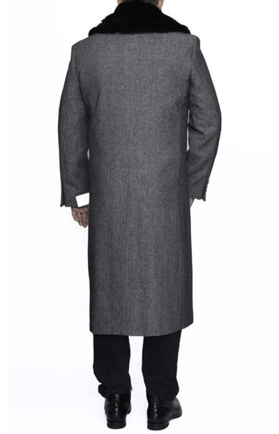 Removable Fur Collar Full Length Wool Dress Ankle length Overcoat In Grey Herringbone 3   - from alligatorwarehouse.com
