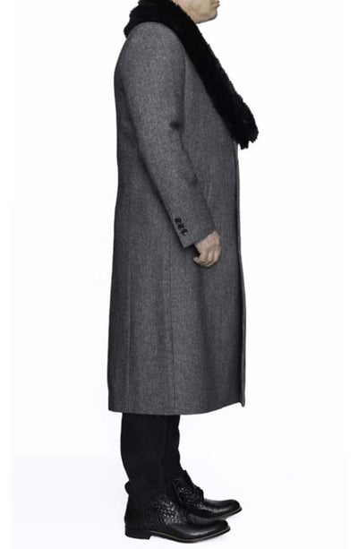 Removable Fur Collar Full Length Wool Dress Ankle length Overcoat In Grey Herringbone 2   - from alligatorwarehouse.com