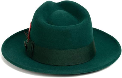 Gangster 100% Austrailian Wool Crushable Mens Fedora Hat - Removable Feather Gangster  Hunter Green Mens Fedora Hat