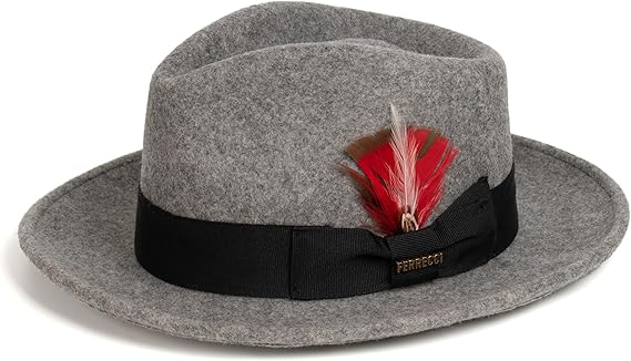 Gangster 100% Australian Wool Crushable Mens Fedora Hat - Removable Feather Gangster  Grey Melange Mens Fedora Hat