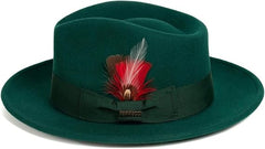 Gangster 100% Austrailian Wool Crushable Mens Fedora Hat - Removable Feather Gangster  Hunter Green Mens Fedora Hat