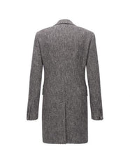 Men's Double Breasted Gray Herringbone Tweed Six Button Overcoat