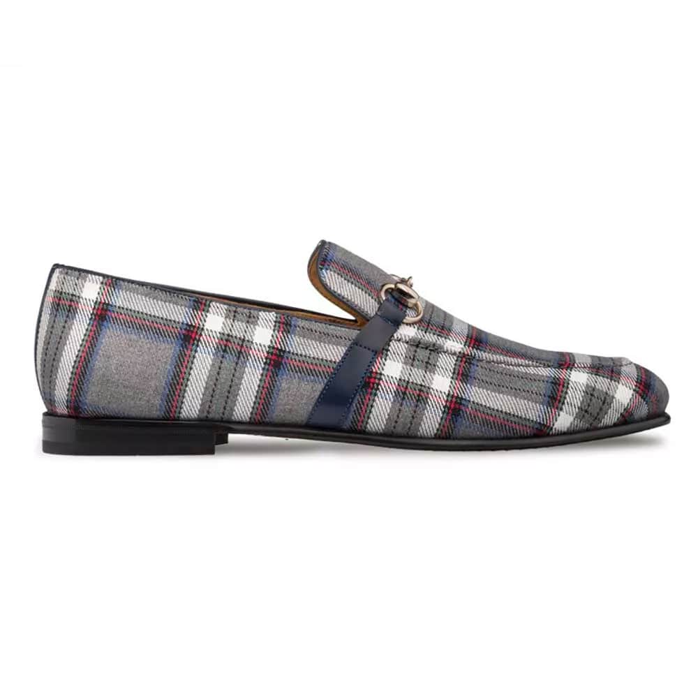 Mezlan Knighton Grey Plaid Fabric Apron Toe  Moccasin