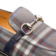 Mezlan Knighton Grey Plaid Fabric Apron Toe  Moccasin