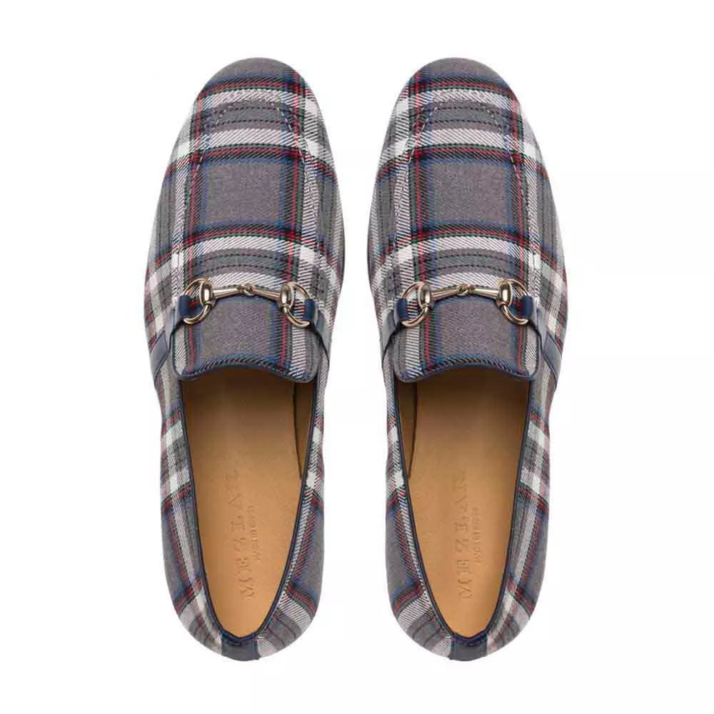 Mezlan Knighton Grey Plaid Fabric Apron Toe  Moccasin