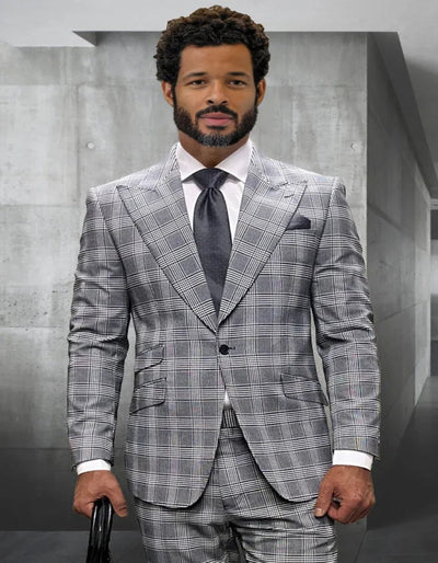 Men's Designer One Button Peak Lapel Wool Grey Windowpane Plaid Suit 1   - from alligatorwarehouse.com