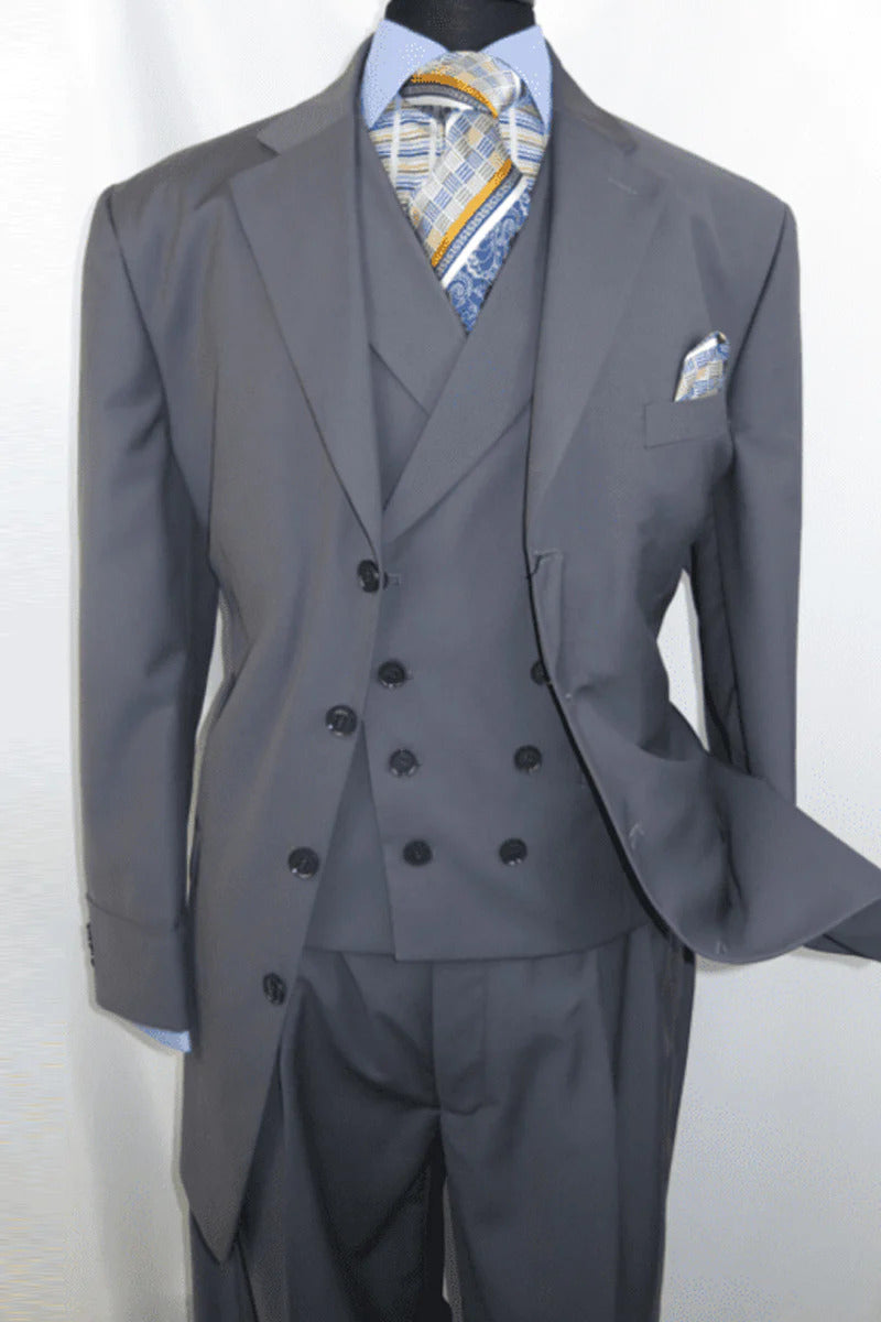 Mens 4 Button Double Breasted Vest Pleated Suit in Grey