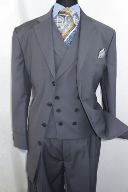 Mens 4 Button Double Breasted Vest Pleated Suit in Grey
