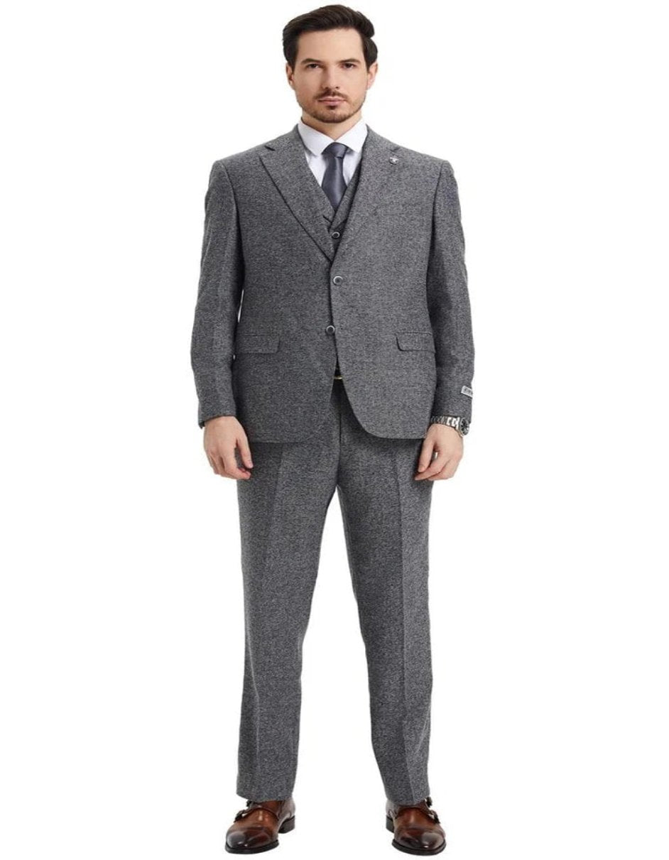 Tweed Suit 1920s Vintage Looking Fabric Vested Suit - Grey Tweed Herringbone Fabric