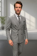 Wool Suit - Italian Made Business Suit by Statement Men's 2 Piece 100% Wool Double Breasted Suit - Pinstripe Pattern