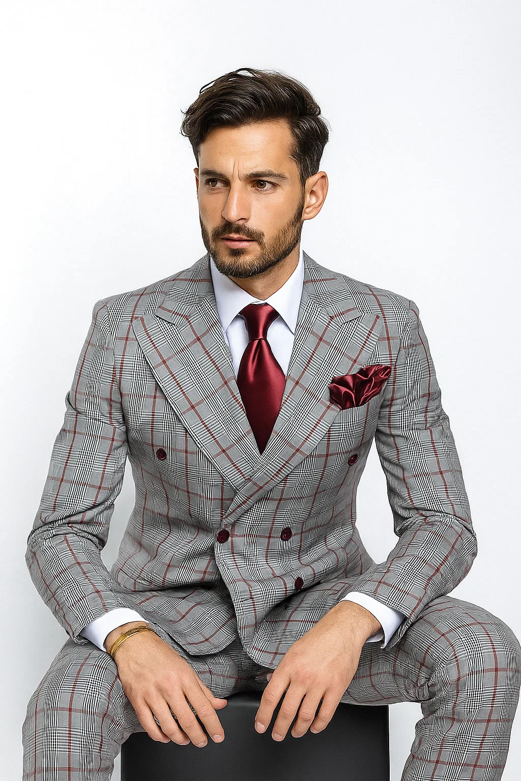 Suits With Baggy Pleated Pants - Wide Leg Pants 100% Wool - Classic Fit in Color Grey with Red Plaid by Rossiman 7   - from alligatorwarehouse.com